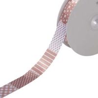 Satijnband 25 mm bedrukt patchwork beige