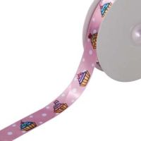 Satijnband 25 mm bedrukt Cupecake roze