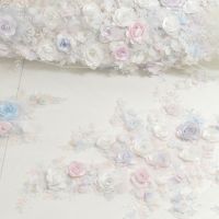 Haute couture 3D kant ivory licht blauw, lila met parels