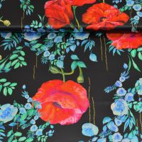Exclusieve zijde satijn stretch met bloemen print  italiaanse designerstof  klaproos  zwart