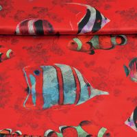 Exclusieve zijde satijn stretch italiaanse designerstof  vissen rood