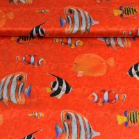 Exclusieve zijde satijn stretch  italiaanse designerstof  vissen oranje rood