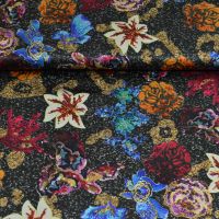 Exclusieve zijde satijn stretch italiaanse designerstof  bloemen pailletten print