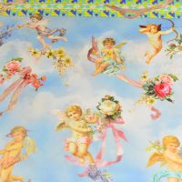 Exclusieve panel zijde satijn stretch italiaanse designerstof  engeltjes  panel 70cmx 138cm