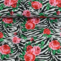 Katoen stretch satijnbinding  zebra print met rozen