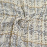 Exclusieve grof geweven mantelpak stof ivory grijs beige