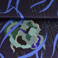 Exclusieve zijde satijn stretch italiaanse designerstof  bloem blauw