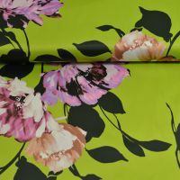 Stretch satijn bloemen lime groen John Kaldor