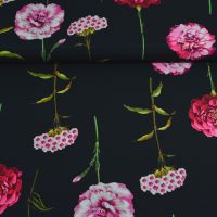 Exclusieve zijde satijn stretch italiaanse designerstof  met fuschisa bloemen zwart