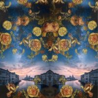 Katoen tricot panel flowers in the city 190cm x 150cm breed blauw
