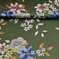 Micro satijn twill exclusief Italiaans design mos groen met bloemen