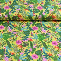 Katoen tricot digitaal print paradise birds geel