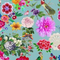 Katoen tricot GOTS DIGITAL BOTANICA Spark of Happiness blauw